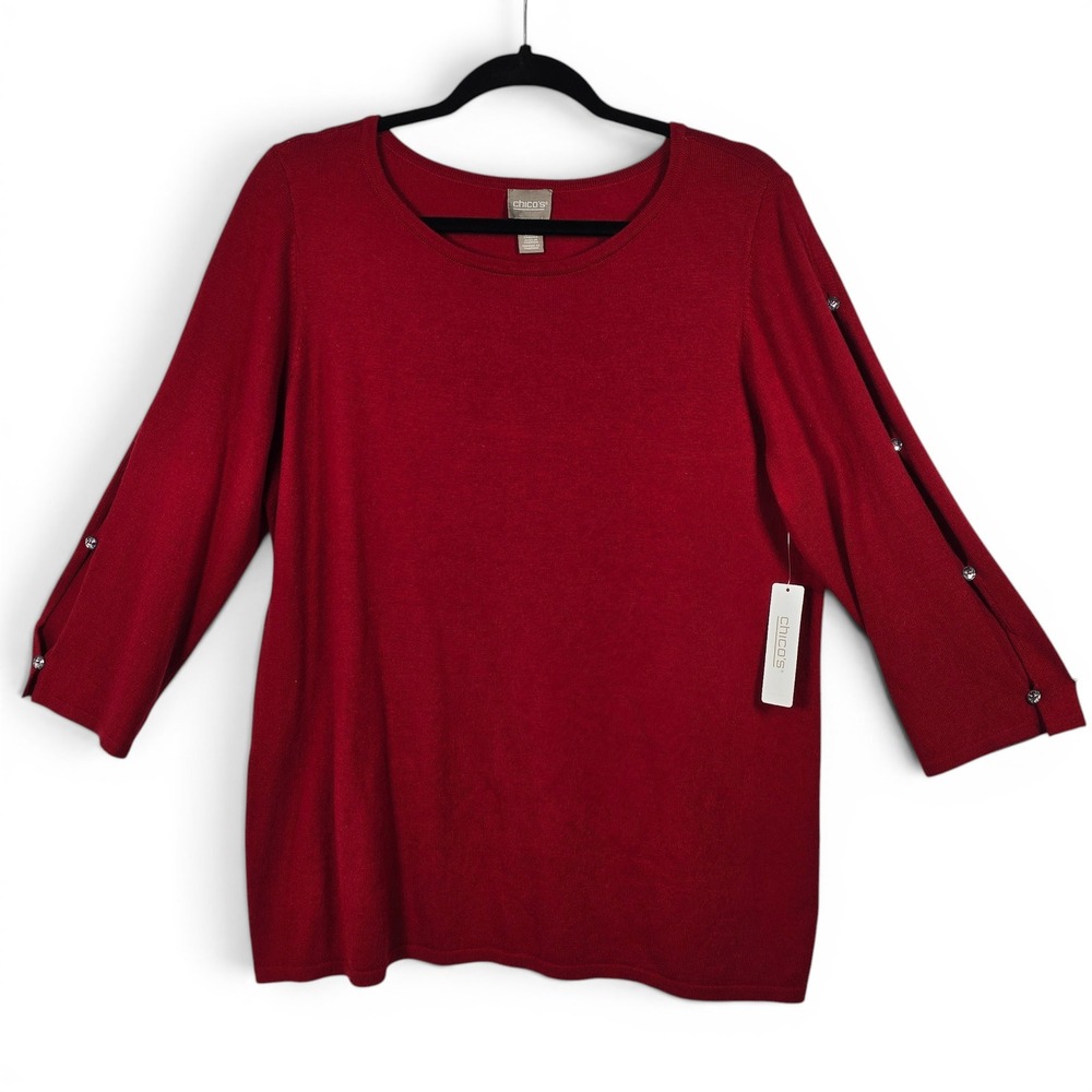 Chicos Red Cashmere Blend Split Sleeve Rhinestone Button Sweater Size Large NEW